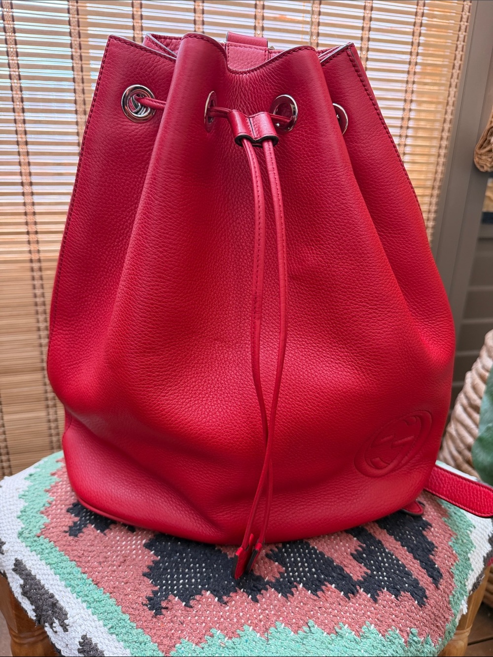 Authentic Gucci Red Pebbled Leather Drawstring Backpack